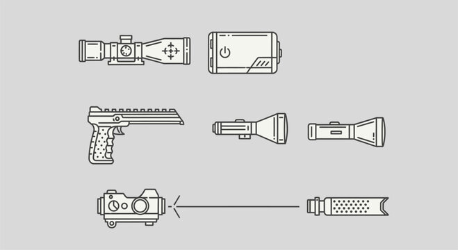 Line of tactical flashlight and accessories, including gun, scope, battery flashlight attachments