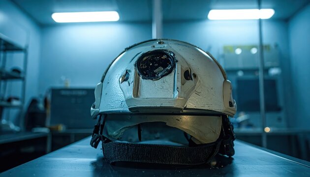 Damaged ballistic helmet with visible impact mark resting on a table