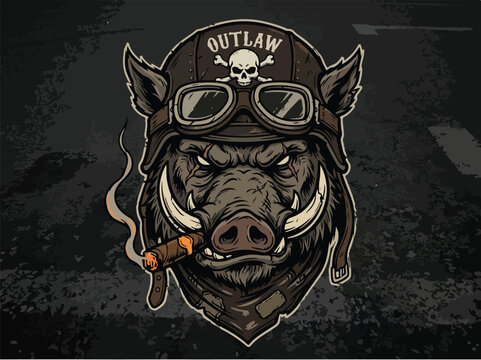 Angry Wild Boar Biker Mascot Illustration Wearing Outlaw Helmet and Goggles.