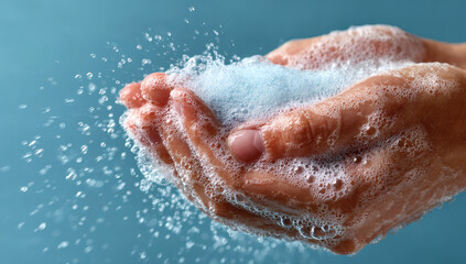 Fototapeta premium Hands cupped with soap bubbles and water.