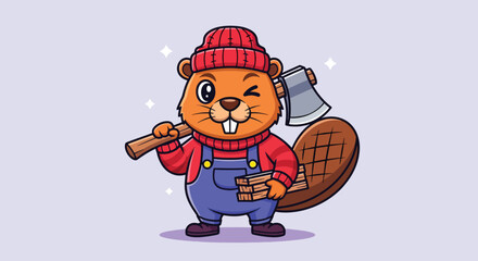 Cute cartoon beaver lumberjack holding an axe. © Caroline Studio