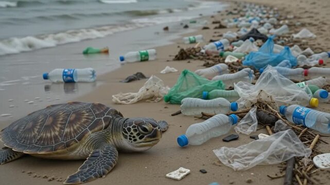 Sea turtle trapped and tangled inside floating plastic debris and garbage in ocean water moody lighting macro shot for environmental conservation awareness campaign and pollution social advertising