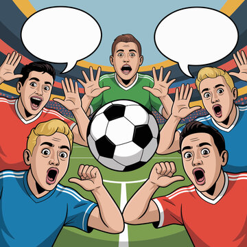 Excited male sports fans in colorful jerseys cheering around a soccer ball in a stadium with blank speech bubbles