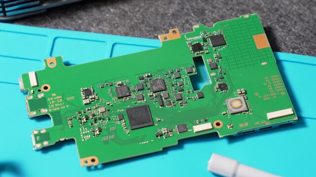 Camera motherboard featuring intricate circuit board design and various integrated electronic components placed on a blue work mat.