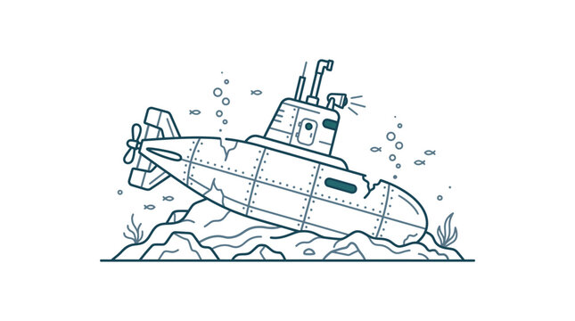 Cartoon illustration of a submarine resting on the seabed.