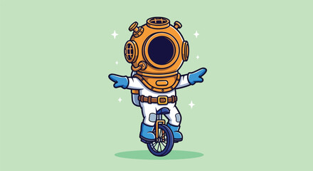 Cute Cartoon Deep Sea Diver Riding a Unicycle Illustration. © Caroline Studio