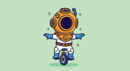 Cute Cartoon Deep Sea Diver Wearing Vintage Brass Helmet Riding a Unicycle on Light Green Background. © Caroline Studio