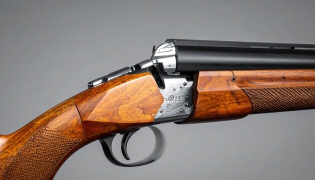 Close-up view of a police-issue shotgun's trigger and guard, showcasing its safety mechanism.