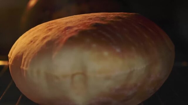 Close up of a golden brown loaf of bread baking in an oven.