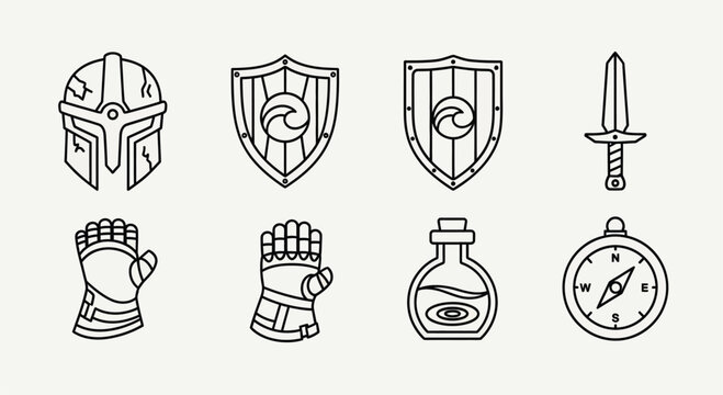 Medieval fantasy including helmet, shields, sword, gauntlets, potion bottle, and compass