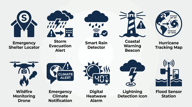Modern flat silhouette weather safety icon collection  emergency shelter locator  storm evacuation alert  smart rain detector  coastal warning beacon  hurricane tracking map  wildfire monitoring drone