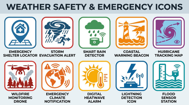 Modern flat silhouette weather safety icon collection  emergency shelter locator  storm evacuation alert  smart rain detector  coastal warning beacon  hurricane tracking map  wildfire monitoring drone