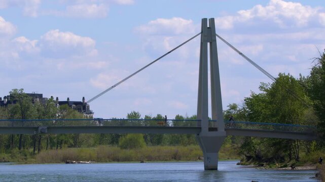Cyclist and pet walker cross Eric Harvie pedestrian bridge in Calgary