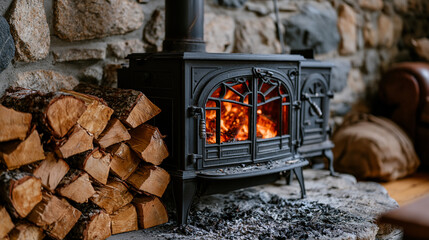Naklejka premium Cast iron wood-burning stove inside a stone-walled mountain refuge, soot-blackened flue pipe disappearing into vaulted ceiling, split firewood stacked in precise rows beside ash-dusted hearth, amber