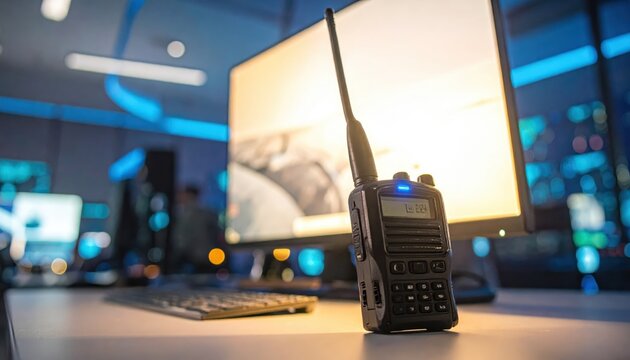 Compact Police Radio Transceiver with Extended Antenna on a Computer Desk, Ready for Communication Operations