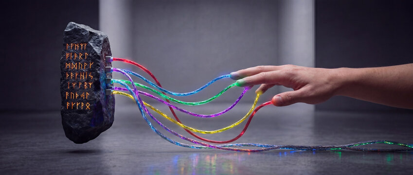 Hyperrealistic surrealism of cyber addiction with neon wire fingers and monolith. The fingers are converted into neon-light computer cables connected to the levitating monolith.