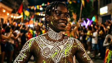Fototapeta premium African Man with Tribal Body Paint at Night Street Festival
