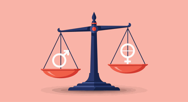Gender equality concept, balance scales with male and female symbols, equality and justice