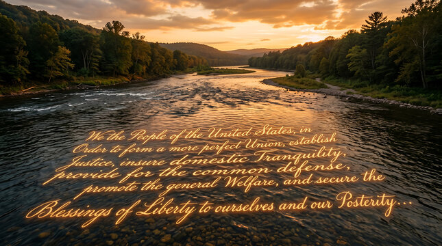 Preamble to the united states constitution over a scenic river at sunset