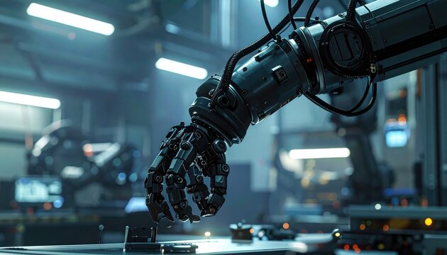 Detailed robotic manipulator arm poised for action in a high-tech industrial setting, showcasing advanced engineering.