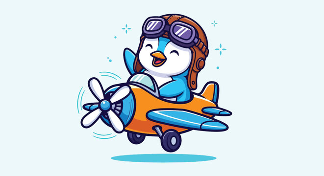 Cute penguin flying an orange propeller airplane cartoon illustration.