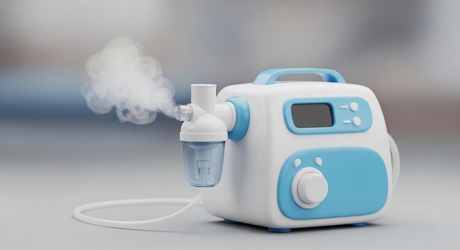 Nebulizer machine producing mist for respiratory treatment medical equipment.