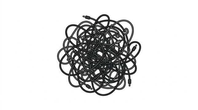 Chaotic tangled black wires forming a messy knot.