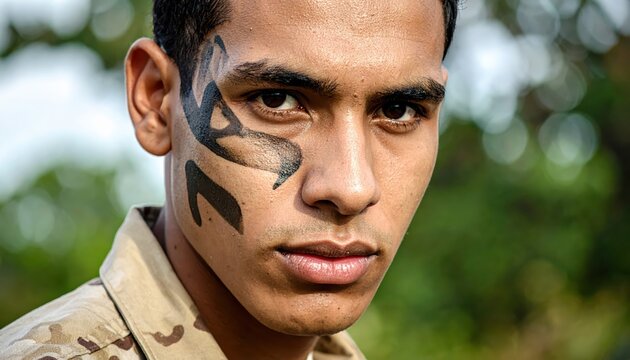 Close-up portrait of a soldier with black camouflage face paint on their cheek, looking intensely forward in an outdoor setting.