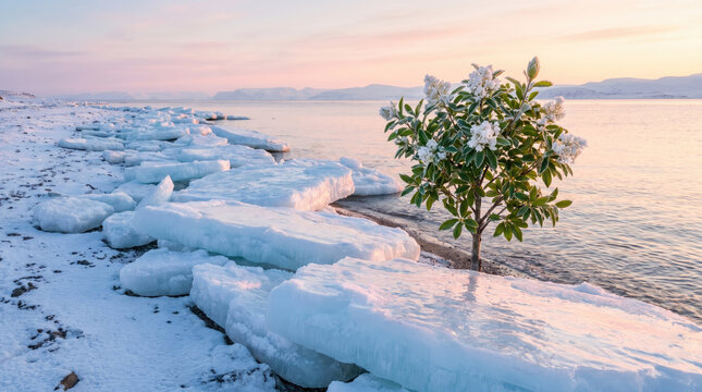 Lonely Tree Standing in Snowy Coastal Landscape at Sunrise with Frozen Waves