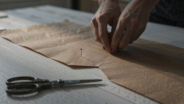 Hands pinning paper pattern on table