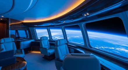 Fototapeta premium Futuristic Luxury Spaceship Cabin with Earth View from Orbit