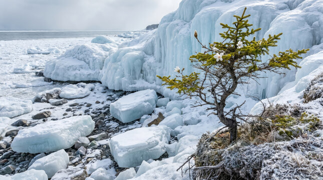 Lonely Pine Tree Surviving Harsh Arctic Winter Landscape with Snow and Ice