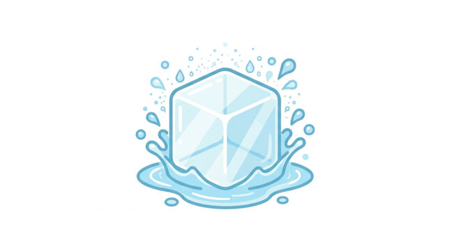 Clear ice cube splashing in water with droplets.