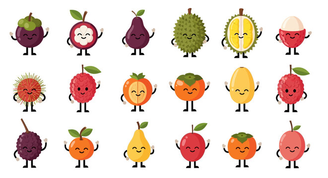 Adorable cartoon exotic fruits with happy faces and tiny legs.