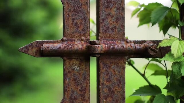 Close up of rusty metal gate latch with green leaves.