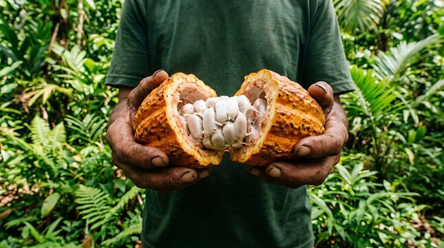 Farmer holding freshly opened raw cacao pod with white beans