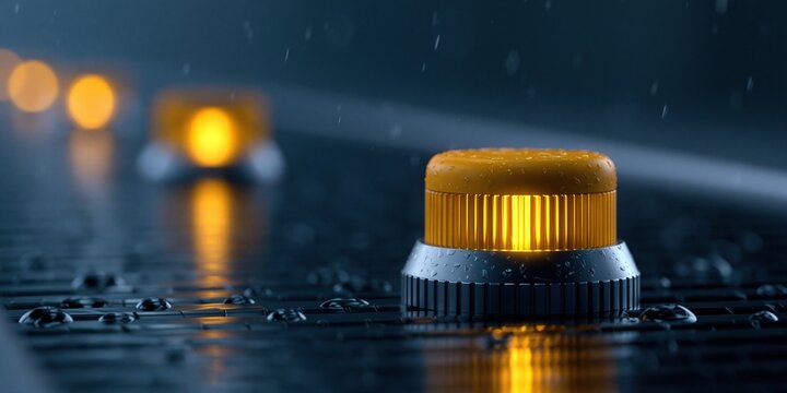 Glowing yellow emergency push button placed on wet dark road during rainy weather with blurred glowing lights in background showing modern safety alert concept