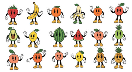 Obraz premium Collection of various cartoon fruit characters with arms and legs, featuring a playful and retro aesthetic.