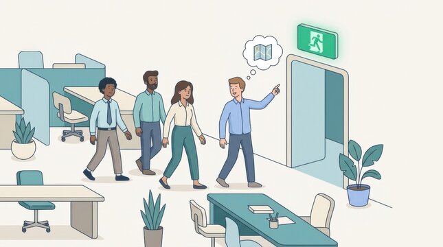 Workers in an office are walking towards an exit sign. They discuss finding a safe escape route during a safety training session.