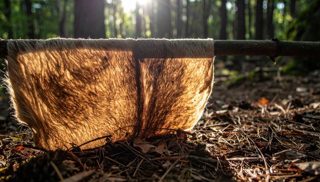 Detailed natural animal hide texture backlit by golden forest sunlight