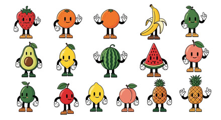 Naklejka premium Collection of various cartoon fruits with arms and legs, expressing different emotions.