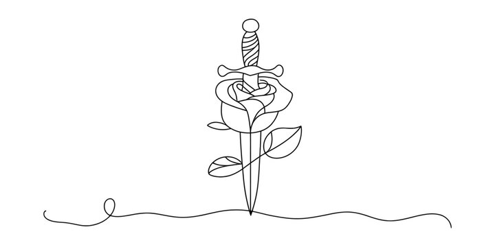 Single line drawing of a dagger piercing through a rose with leaves and a wavy line at the bottom