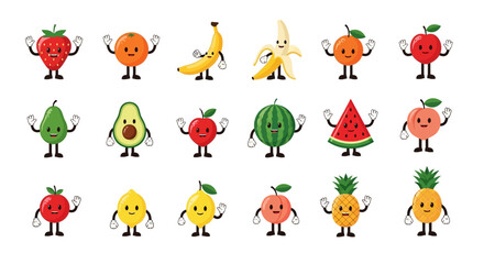 Obraz premium Collection of various cartoon fruits with happy faces and arms, including strawberries, oranges, bananas, apples, avocados, watermelons, peaches, lemons, pineap
