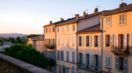 Obraz premium Warm sunset light illuminates a row of historic European buildings and their charming shutters