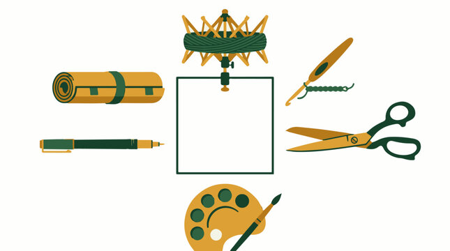 Craft and art supplies arranged around a central blank square frame in a flat vector illustration style featuring yarn swift scissors and paint palette