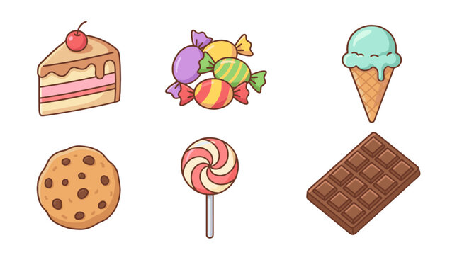 Sweet dessert icon set with cake candy ice cream and chocolate
