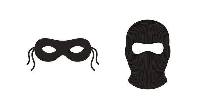 Black eye mask and balaclava icon set on white background