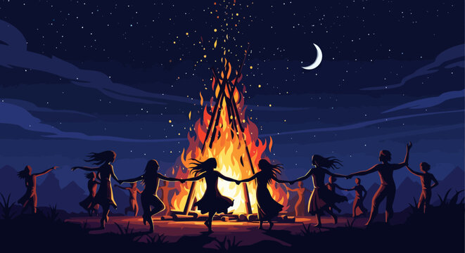 People Dancing Around a Bonfire at Night Under the Moon.