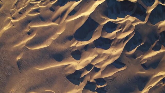 Aerial view of undulating sand dunes illuminated by golden sunlight, showcasing intricate patterns and textures across the desert landscape during sunset