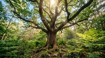 Fototapeta premium Majestic ancient oak tree in a lush green forest with sunlight filtering through the canopy and ferns on the forest floor